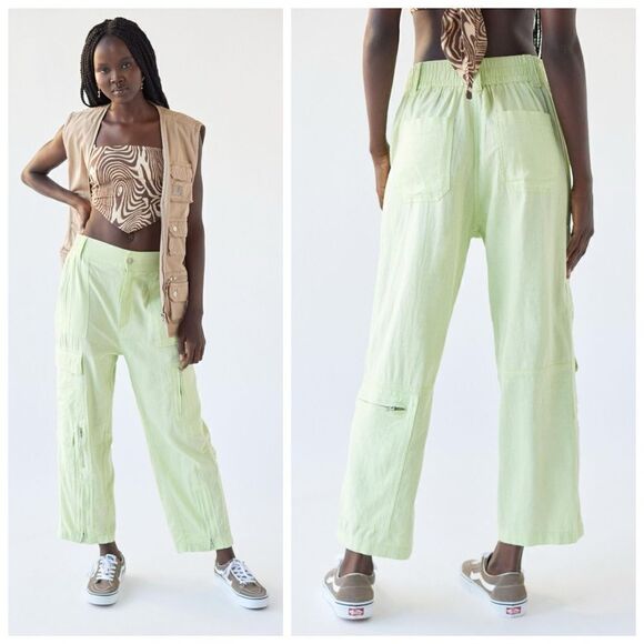 Urban Outfitters Linen Blend Myla High Rise Straight Leg Cargo Pants Lime Green - Picture 1 of 14
